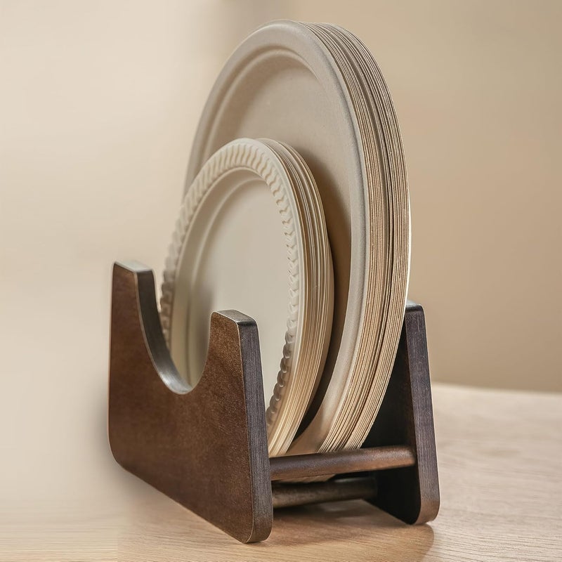 PTSTING Paper Plate Dispenser 2 PCS Acacia Wood Foam Plate Storage Organizer for 7-10 inch Disposable Plate,Paper Plate Holder for Cabinet,Countertop,RV or Outdoor - Image 3